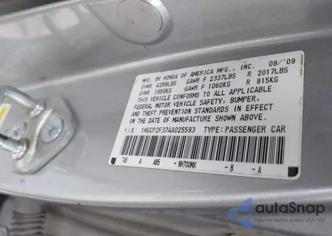 2010 Honda Accord 2.4 Lx z USA, uszkodzony, nr VIN 1HGCP2F37AA025593